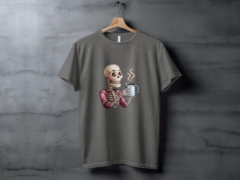 Cute Skeleton Drinking Coffee PNG, Spooky Halloween Clipart, Digital