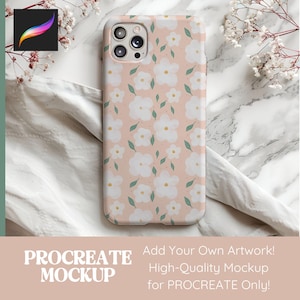 May include: A pink phone case with a white floral pattern and green leaves. The case is designed for a phone with a square camera lens.