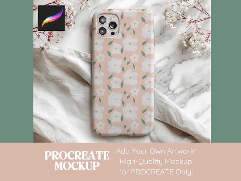 May include: A pink phone case with a white floral pattern and green leaves. The case is designed for a phone with a square camera lens.