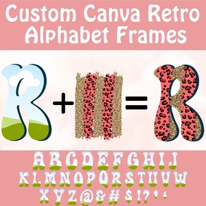 May include: A graphic design featuring the text "Custom Canva Retro Alphabet Frames." The image shows the letter "R" in three different styles: a landscape scene, a leopard print, and a combination of both. The full alphabet is displayed below.