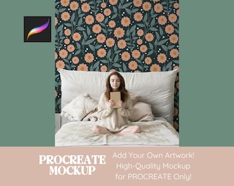 Peut inclure: Une maquette pour Procreate représentant une femme assise sur un lit avec une tête de lit à motif floral. La femme tient un livre dans ses mains. Le texte "Procreate Mockup" et "Add Your Own Artwork! High-Quality Mockup for Procreate Only!" est affiché en bas de l'image.