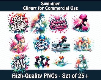Zwemmen clipartbundel voor zwemmerontwerpen, Swim Life, Swim Mom, Swim Coach, Eat My Bubbles, grappige zwemshirts, zwemteamontwerpen