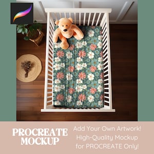 May include: A white crib with a floral patterned fitted sheet and a brown teddy bear sitting on top of the sheet. The crib is in a room with wood floors and white walls.