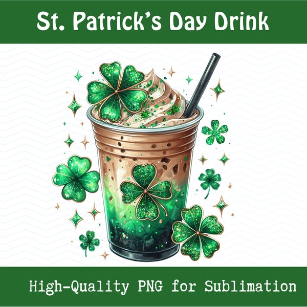 St. Patrick's Day Iced Coffee Clipart, Irish Drink Design, Festive Drink PNG, Green Milkshake Clip Art, St. Patty's Day Beverage, Shamrocks