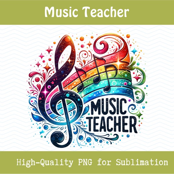 Music Teacher PNG, Digital Download, Instrumental Tutor Branding, Commercial Use, Musician Graphic, Music Notes Rainbow for Music Teacher