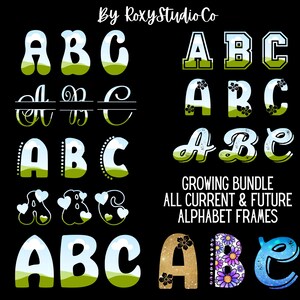 Pu&ograve; includere: Un set di cornici per alfabeto in vari stili, tra cui un design cielo verde e blu, un design floreale e un design glitter. Il testo "GROWING BUNDLE ALL CURRENT & FUTURE ALPHABET FRAMES" &egrave; incluso.