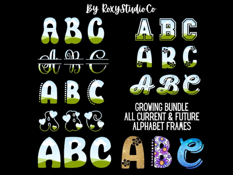 Pu&ograve; includere: Un set di cornici per alfabeto in vari stili, tra cui un design cielo verde e blu, un design floreale e un design glitter. Il testo "GROWING BUNDLE ALL CURRENT & FUTURE ALPHABET FRAMES" &egrave; incluso.