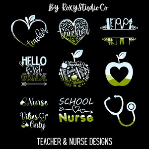 Pu&ograve; includere: Un set di 10 design a tema insegnanti e infermieri con una variet&agrave; di grafiche, tra cui mele, cuori e forniture scolastiche. I design sono in nero, bianco e verde.