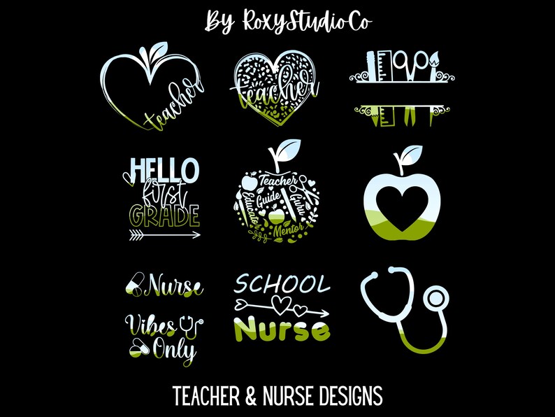 Pu&ograve; includere: Un set di 10 design a tema insegnanti e infermieri con una variet&agrave; di grafiche, tra cui mele, cuori e forniture scolastiche. I design sono in nero, bianco e verde.