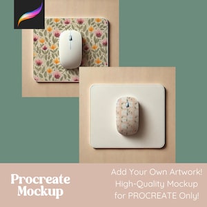 以下が含まれることがあります： ワイヤレスマウスを備えた2つのマウスパッド。1つのマウスパッドには、ピンクと黄色の花柄があります。もう1つのマウスパッドは白です。画像には「Procreate Mockup」と「Add Your Own Artwork! High-Quality Mockup for PROCREATE Only!」というテキストが含まれています。