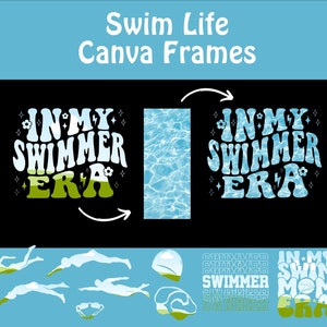 May include: A digital design template for Canva featuring a blue and green graphic with the text "IN MY SWIMMER ERA" and a blue and white water ripple pattern. The design also includes a set of silhouette images of swimmers and goggles.