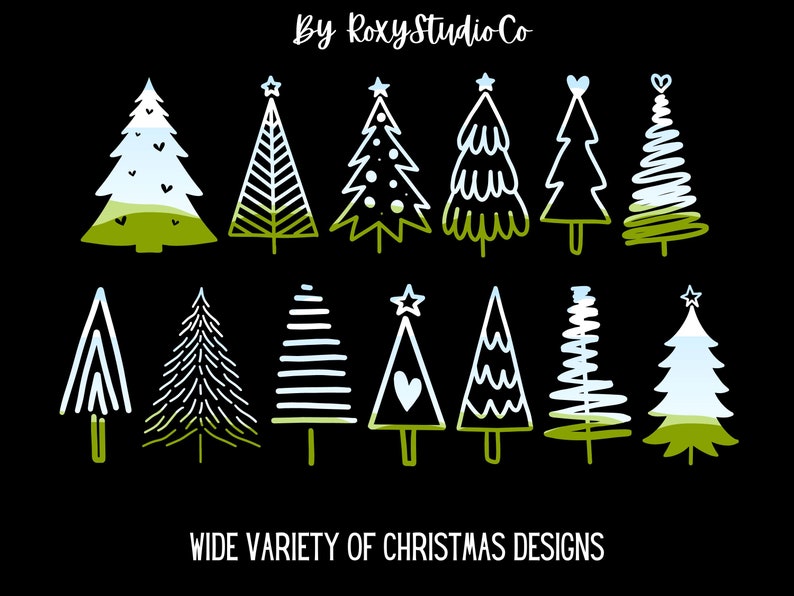 Pu&ograve; includere: Un set di 12 illustrazioni di alberi di Natale disegnati a mano in vari stili. Gli alberi sono contornati di bianco e riempiti con colori verde, blu e bianco. Alcuni alberi hanno una stella in cima, mentre altri hanno un cuore. Il testo "WIDE VARIETY OF CHRISTMAS DESIGNS" &egrave; in fondo all'immagine.