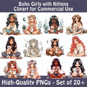 Bundle Clipart Boho filles et chats PNG, sticker maman chat Cottagecore, joli chaton soeur fille cadeau usage Commercial chat maman cadeaux gobelet