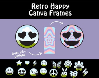 Retro Canva Frame Bundle, Design Elements for Shirt Designs, DIY Tumbler Wrap, Groovy Smiley Face, Peace and Love, Commercial Use PNG