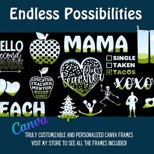 Pu&ograve; includere: Un set di design digitali con varie grafiche per insegnanti, tra cui una mela, un cuore con la parola "teacher" all'interno, un albero, una cheerleader, uno scheletro, una persona che tiene una palla da basket e un contorno dello stato di New York. Le grafiche sono in nero, bianco, verde e blu. Il testo "Endless Possibilities" &egrave; in cima all'immagine. Il testo "Truly customizable and personalized Canva frames" &egrave; in fondo all'immagine. Il testo "Visit my store to see all the frames included!" &egrave; in fondo all'immagine.