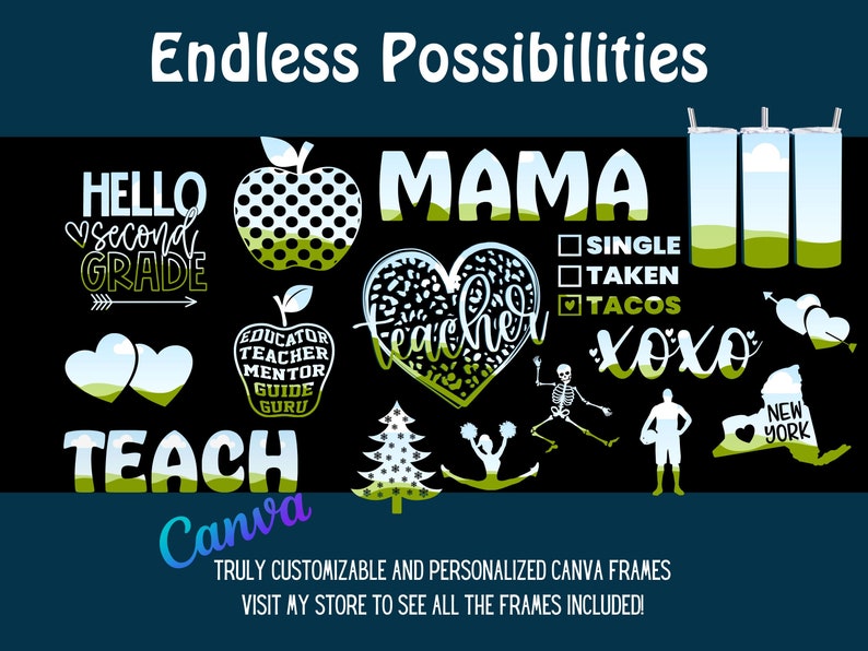 Pu&ograve; includere: Un set di design digitali con varie grafiche per insegnanti, tra cui una mela, un cuore con la parola "teacher" all'interno, un albero, una cheerleader, uno scheletro, una persona che tiene una palla da basket e un contorno dello stato di New York. Le grafiche sono in nero, bianco, verde e blu. Il testo "Endless Possibilities" &egrave; in cima all'immagine. Il testo "Truly customizable and personalized Canva frames" &egrave; in fondo all'immagine. Il testo "Visit my store to see all the frames included!" &egrave; in fondo all'immagine.