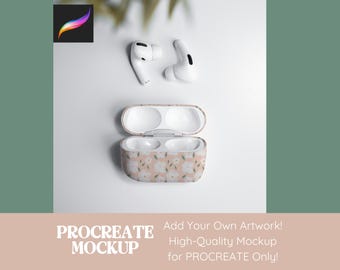 Könnte beinhalten: Ein Mockup mit weißen kabellosen Ohrhörern und einem Ladecase mit floralem Muster. Das Case ist geöffnet und gibt den Innenraum frei. Das Bild enthält das Procreate-Logo und den Text: "PROCREATE MOCKUP Add Your Own Artwork! High-Quality Mockup for PROCREATE Only!"
