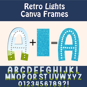 May include: Retro light frames alphabet and numbers. The letters are blue with white dots and a green and blue landscape design. The numbers are blue with white dots. The letters A and I are shown in a simple math equation.  A + I = A.