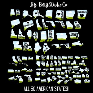 Pu&ograve; includere: Un grafico in bianco e nero di tutti i 50 stati degli Stati Uniti con un cuore in ogni stato. Gli stati sono delineati in bianco e riempiti con un cielo azzurro chiaro e erba verde. Il testo "ALL 50 AMERICAN STATES!" &egrave; nella parte inferiore del grafico.
