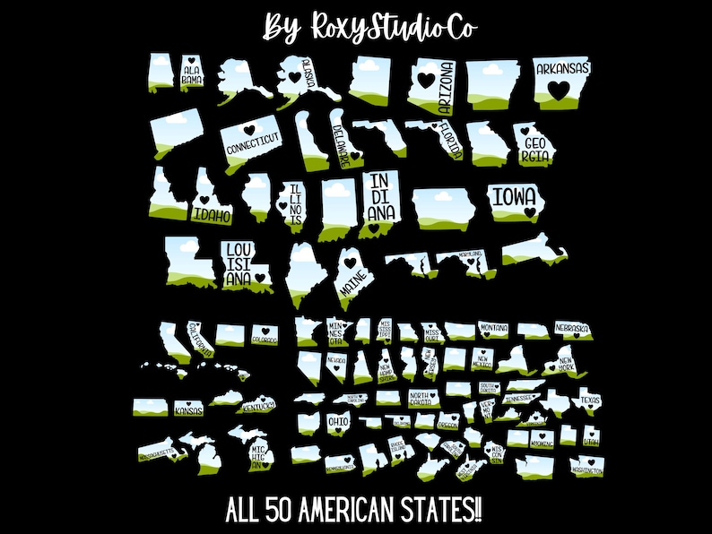Pu&ograve; includere: Un grafico in bianco e nero di tutti i 50 stati degli Stati Uniti con un cuore in ogni stato. Gli stati sono delineati in bianco e riempiti con un cielo azzurro chiaro e erba verde. Il testo "ALL 50 AMERICAN STATES!" &egrave; nella parte inferiore del grafico.