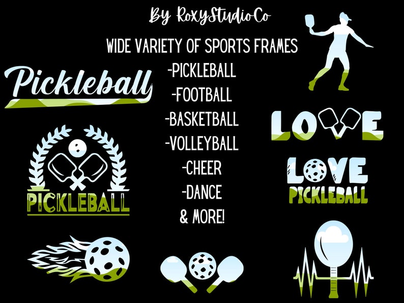 Pu&ograve; includere: Una collezione di design a tema pickleball, tra cui un giocatore che colpisce una palla, un logo con palette incrociate e testo che dice "Love Pickleball". I design sono in bianco e verde su uno sfondo nero.