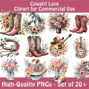 Westerse clipart, Cowboy illustraties, Cowgirl PNG, laarzen gitaar paarden Lasso Mason Jar clipart, commercieel gebruik digitale download aquarel stijl