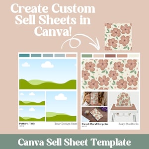 Peut inclure: Un modèle de feuille de vente Canva avec un motif floral. Le modèle comprend une palette de couleurs, un titre de motif, un nom de conception et une maquette de produit. Le texte "Sweet Floral Surprise" et "Roxy Studio Co" sont inclus dans le modèle.