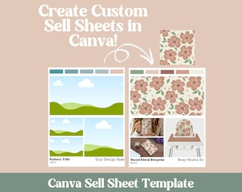 Peut inclure: Un modèle de feuille de vente Canva avec un motif floral. Le modèle comprend une palette de couleurs, un titre de motif, un nom de conception et une maquette de produit. Le texte "Sweet Floral Surprise" et "Roxy Studio Co" sont inclus dans le modèle.