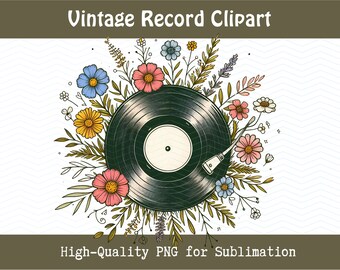 Vintage vinyl record PNG, sublimatie afbeelding voor T-shirts, wilde bloemen clipart, muziekliefhebbers cadeau, klassieke rock clip art design