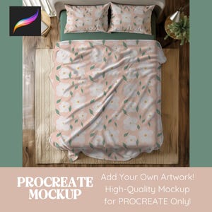 May include: A mockup of a bed with a floral patterned duvet cover and two matching pillowcases. The duvet cover is a light pink colour with white flowers and green leaves. The pillowcases are the same pattern as the duvet cover. The bed is on a wooden floor.