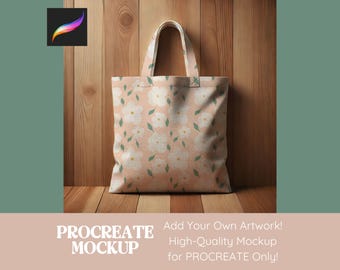 Peut inclure: Une maquette d'un sac fourre-tout avec un motif floral. Le sac est en toile et a un fond rose clair avec des fleurs blanches et des feuilles vertes. Le sac est posé sur une surface en bois.