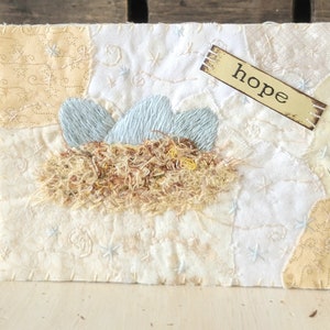Hand Embroidered Greeting Card, Nest and Eggs Mini Art Quilt with Envelope