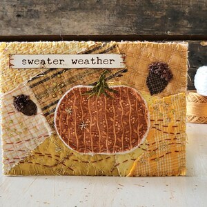 Fall Applique Fabric Postcard, Hand Embroidered Pumpkin Mini Quilt, Autumn Patchwork Art Card