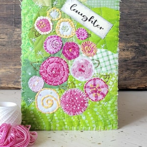 Abstract Floral Applique Fabric Postcard, Hand Embroidered Mini Quilt, Patchwork Art Card
