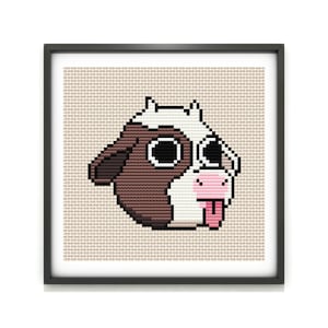 May include: Cross-stitch pattern of a cartoon cow with brown and white fur, big eyes, and a pink tongue sticking out. The cow is looking to the right.