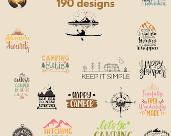 190 Unique SVG, EPS, PNG Designs: Adventure, Camping, Mountain Themes with Commercial Use, Print On Demand