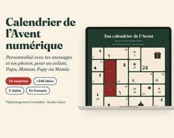 Personalized digital Advent calendar, 24 messages and photos, Christmas gift for children and families, in French, downloadable
