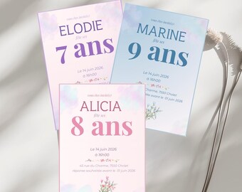 Customizable Children's Birthday Invitation | Canva Template | 3 Colors | Watercolor | Printable Card (French)