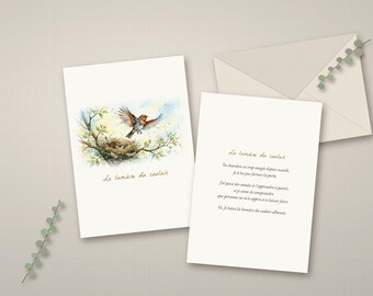 Poem card: Child's Departure, Hallway Light, Watercolor Robin, Folded card A5, A6, 10x15, Parent Gift, Printable
