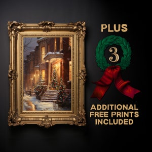 PRINTABLE Vintage Christmas Town Wall Art, Victorian NYC Christmas Printable, Winter Cottagecore Decor Light Academia Christmas Oil Painting