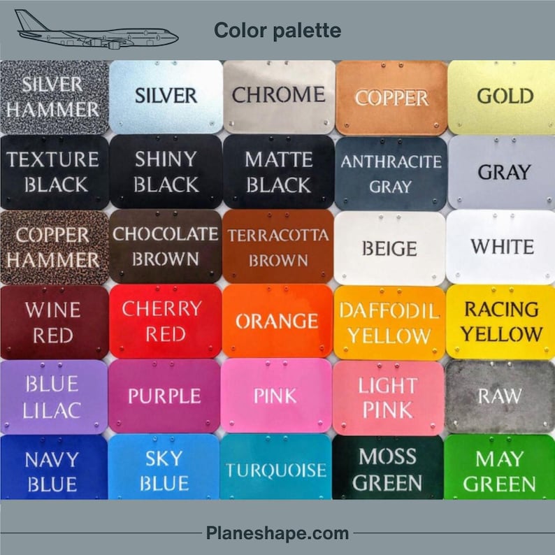 Puede incluir: Una paleta de colores con varias muestras de colores con etiquetas de texto. Los colores incluyen plata, oro, negro, marr&oacute;n, rojo, naranja, amarillo, azul, morado, rosa y verde. Tambi&eacute;n se ve el texto "Paleta de colores" y "Planeshape.com".