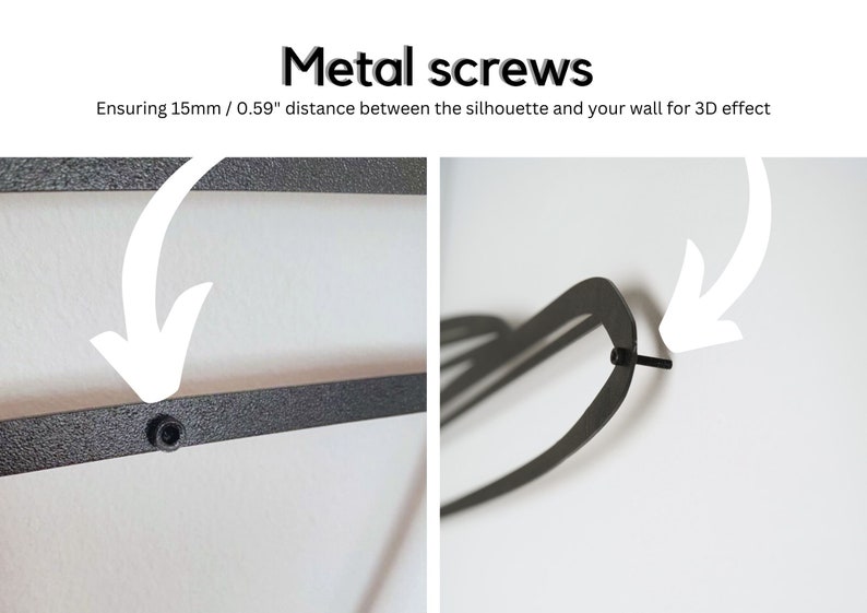 Puede incluir: Primer plano de tornillos met&aacute;licos utilizados para montar una silueta en una pared. El texto dice "Tornillos met&aacute;licos" y "Asegurando una distancia de 15 mm / 0,59" entre la silueta y su pared para un efecto 3D."