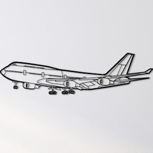 May include: Black outline of a Boeing 747 airplane. The image shows the plane's fuselage, wings, engines, and landing gear. The design is a minimalist, line-art style, suitable for wall decor or aviation enthusiasts.