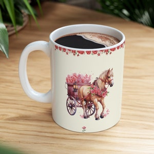 Horse Flower Cart  Mug | Coffee lovers floral cup  | Pony roses cottagecore | French country farmhouse  | Birthday Valentines Day gift