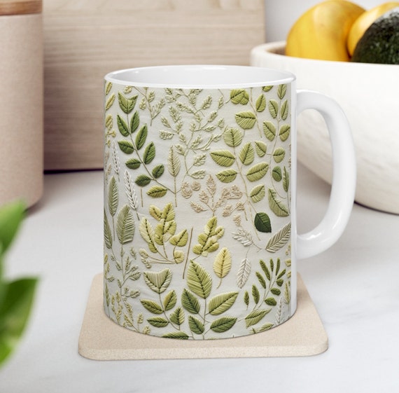 Summer Leaves Mug | Botanical décor gift for her | Green to cream leaf pattern with embroidered effect | 11 oz cup for tea and coffee lover