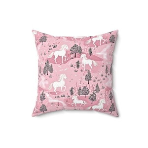 Enchanted Horses Pillow | Pink sophistication | Whimsical equestrian accent cushion | Gift for young women who love pink, horses, and magic
