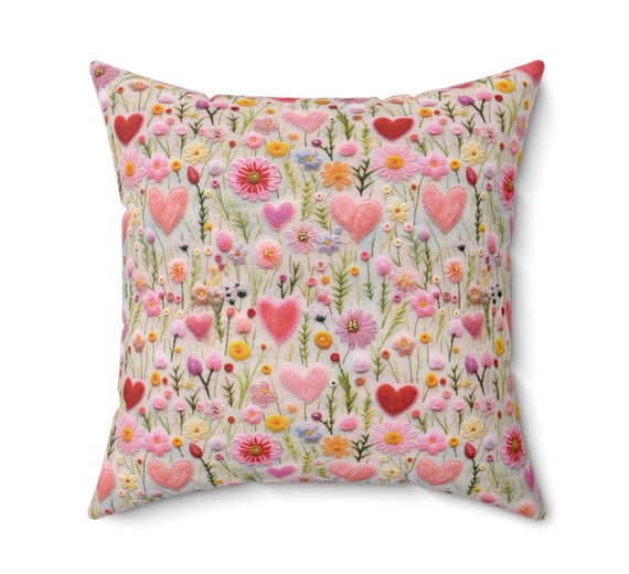 Hearts and Flowers Accent Pillow | Floral throw cushion | Birthday, Valentines, holiday gift for her | French country | Free delivery USA