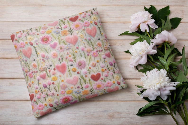 May include: A white cushion with a floral pattern featuring pink and red hearts and flowers. The cushion is on a white wooden surface.
