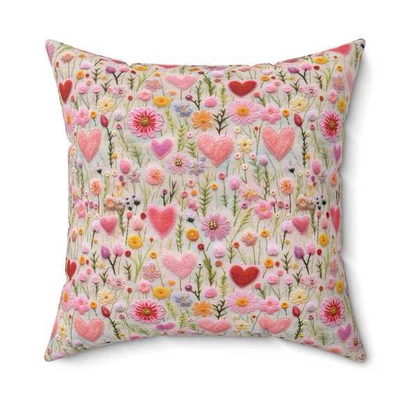 Coussin décoratif coeurs et fleurs | Coussin décoratif floral romantique | Jardin d'amour | Cadeau d'anniversaire, de mère, de Saint-Valentin pour elle | Simili daim