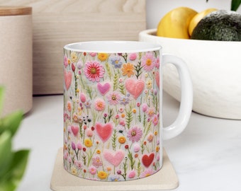 Hearts and Flowers Coffee Mug | Romantic cottagecore farmhouse home décor | Love garden Valentine's Day gift for her |  French country cup